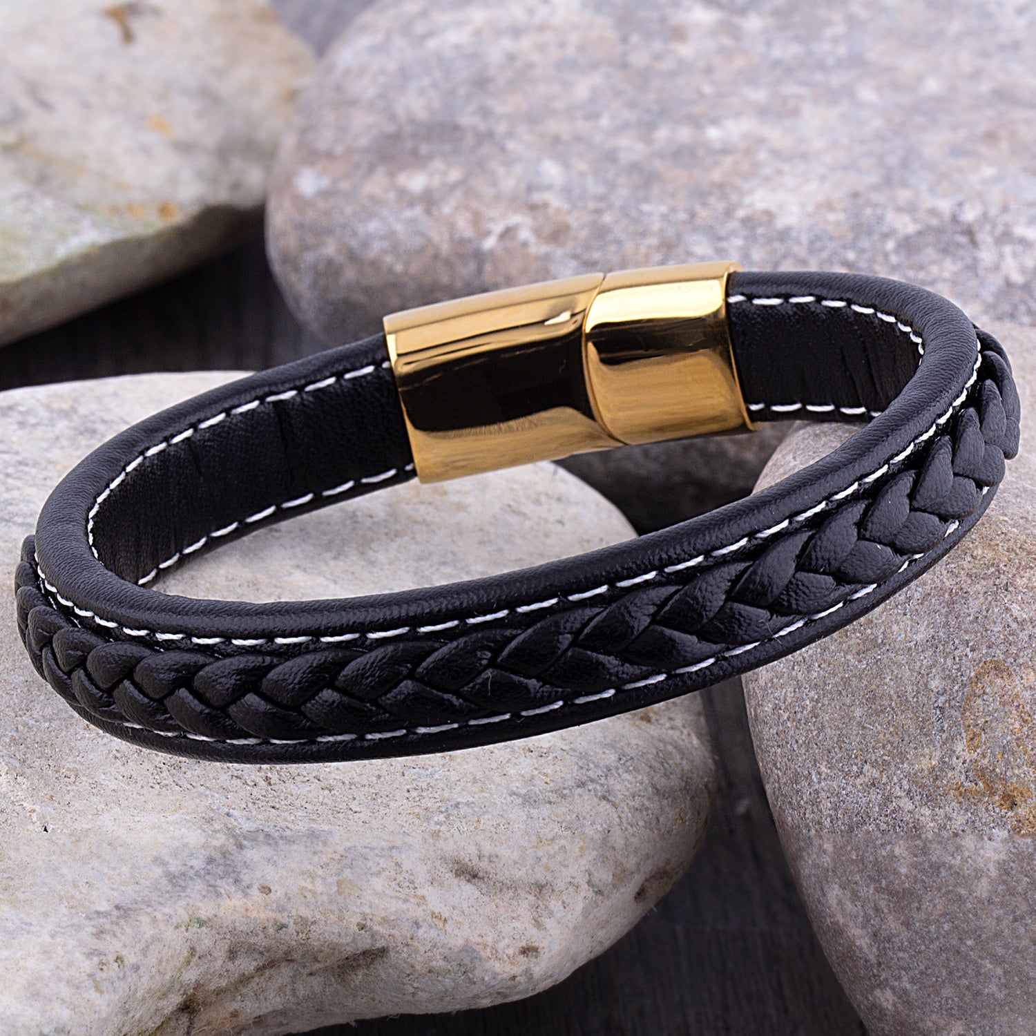 Men's Stainless Steel Black Leather Bracelet with Yellow Gold Plated C