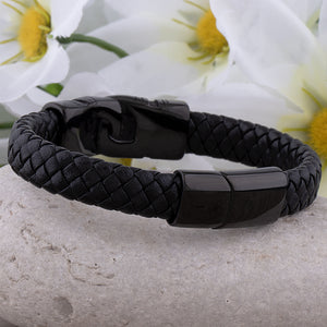 Men's Black Stainless Steel Bracelet with Braided Leather and Aztec Motif, Secure Slide Magnetic Clasp, Best Gift for Boyfriend or Husband