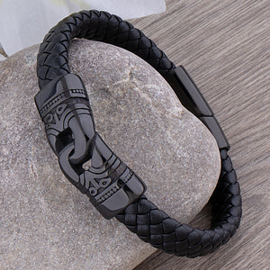 Men's Black Stainless Steel Bracelet with Braided Leather and Aztec Motif, Secure Slide Magnetic Clasp, Best Gift for Boyfriend or Husband