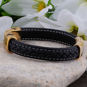 Men's Yellow Gold Plated Stainless Steel and Leather Bracelet, Aztec Design - SSLB096G