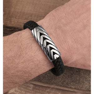 Men's Stainless Steel Geometric Design Bracelet with Black Leather - SSLB107S
