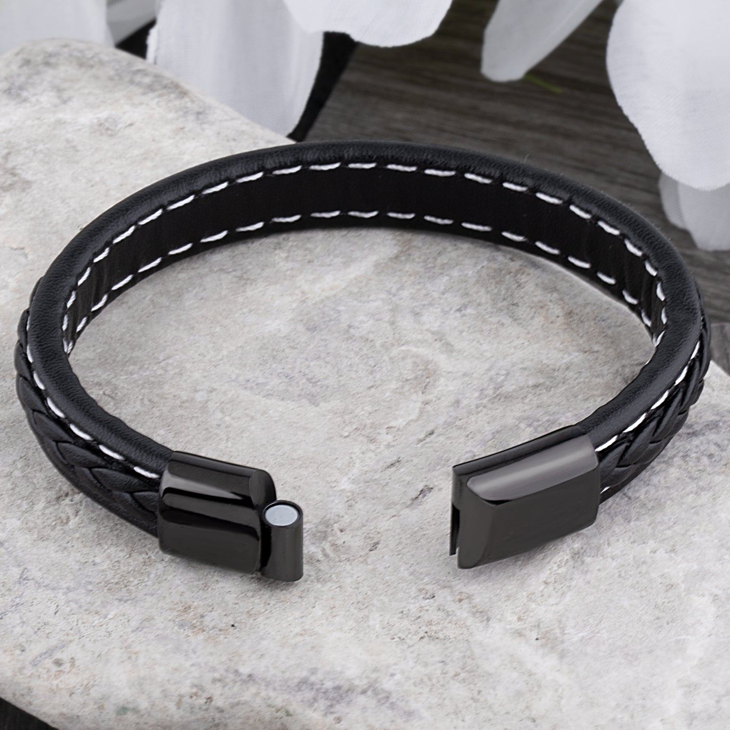 Men's Stainless Steel Black Braided Leather Bracelet - SSLB102BKBK
