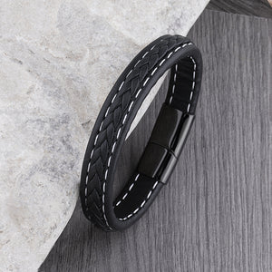 Stainless Steel Black Braided & White Stitched Leather Bracelet for Men With Black Steel Secure Magnetic Sliding Clasp Lock, Gift for Him