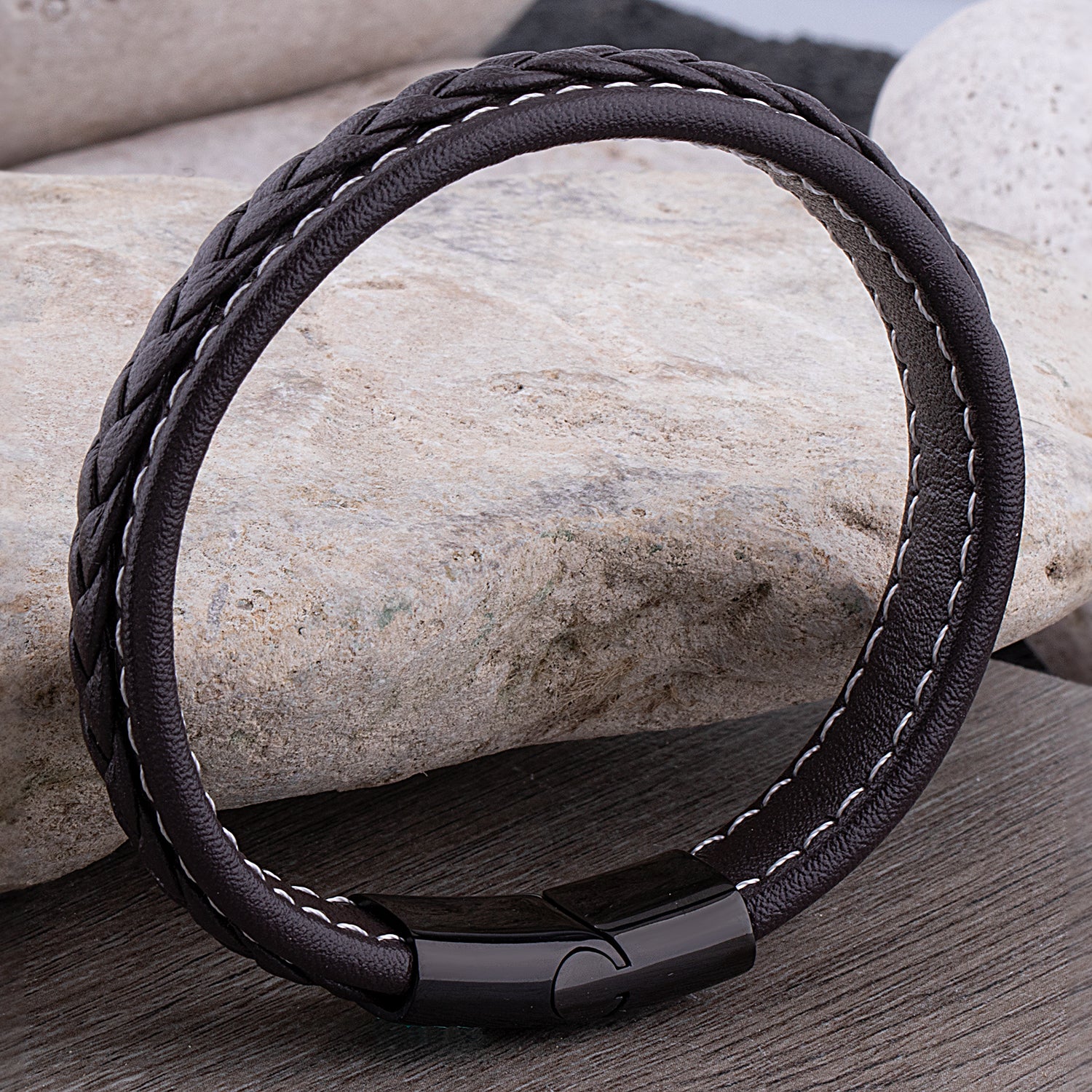 Men's Stainless Steel Black Braided Leather Bracelet - SSLB102BWBK