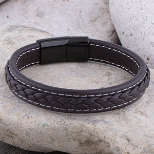 Men's Leather Bracelet Dark Brown Braided, White Stitched Polished Black Stainless Steel Secure Magnetic Sliding Clasp Lock