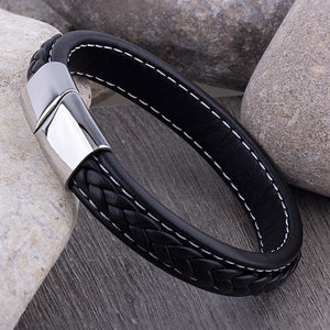 Men's Stainless Steel Black Braided & White Stitched Leather Bracelet With Polished Steel Secure Magnetic Sliding Clasp Lock