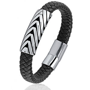 Stainless Steel Black Braided Leather Bracelet With Steel Clasp