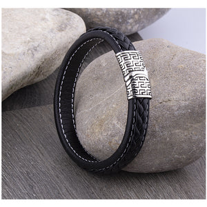 Men's Stainless Steel Black Braided and White Stitched Leather Bracelet With Greek Motif Style Steel Secure Sliding Clasp Lock