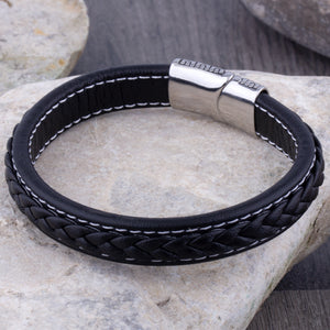 Men's Stainless Steel Black Braided and White Stitched Leather Bracelet With Greek Motif Style Steel Secure Sliding Clasp Lock