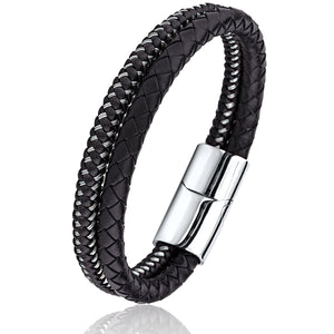 Men's Leather Bracelet with Hand-Braided Black Leather and Steel Wire, Stainless Steel Secure Slide Magnetic Clasp Lock
