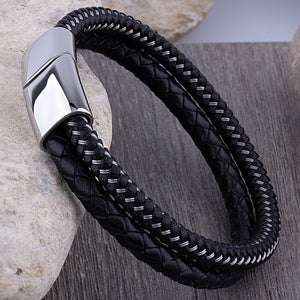 Men's Leather Bracelet with Hand-Braided Black Leather and Steel Wire, Stainless Steel Secure Slide Magnetic Clasp Lock