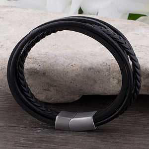 Men's Stainless Steel & Black Leather Bracelet With Stainless Steel Secure Magnetic Sliding Clasp Lock, Great Gift For Men