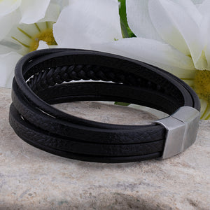 Men's Stainless Steel & Black Leather Bracelet With Stainless Steel Secure Magnetic Sliding Clasp Lock, Great Gift For Men
