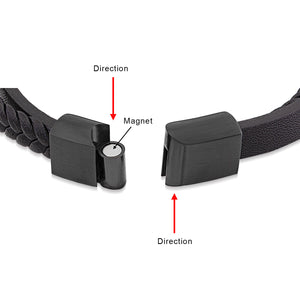 Men's Stainless Steel Black Leather Bracelet, Engravable - SSLB140