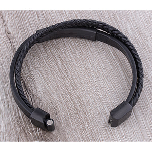 Men's Stainless Steel Black Leather Bracelet With Black Engraving Plate and Steel Secure Magnetic Sliding Clasp