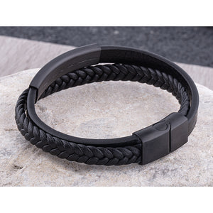 Men's Stainless Steel Black Leather Bracelet With Black Engraving Plate and Steel Secure Magnetic Sliding Clasp