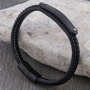 Black Leather Bracelet with Stainless Steel Engraving Plate for Men, Steel Secure Magnetic Sliding Clasp Lock