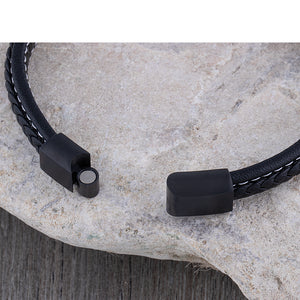 Black Leather Bracelet with Stainless Steel Engraving Plate for Men, Steel Secure Magnetic Sliding Clasp Lock