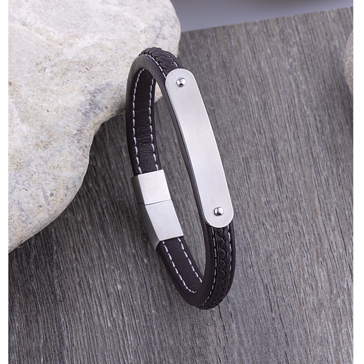Men's Stainless Steel Brown Leather Bracelet, Engravable - SSLB119BW
