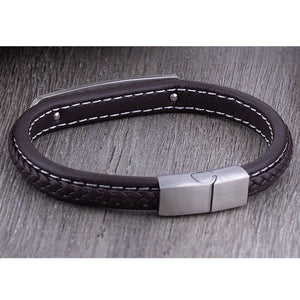 Men's Stainless Steel Brown Leather Bracelet, Engravable - SSLB119BW