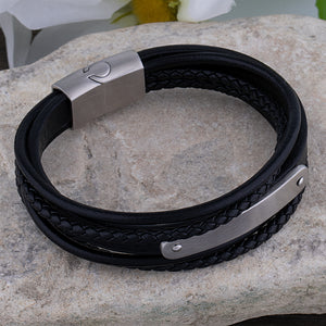 Men's Stainless Steel with Black Leather Engravable Bracelet - SSLB126BK