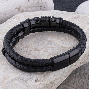 Men's Leather Braided Bracelet With Unique Black Stainless Steel Cylinder Designs and Secure Slide Magnetic Clasp Lock, Great Gift for Men