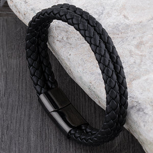 Stainless Steel Men's Leather Bracelet with Black Double Row Hand-Braided Leather & Secure Steel Slide Magnetic Clasp, Popular Gift for Him