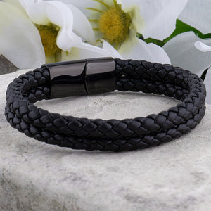 Stainless Steel Men's Leather Bracelet with Black Double Row Hand-Braided Leather & Secure Steel Slide Magnetic Clasp, Popular Gift for Him
