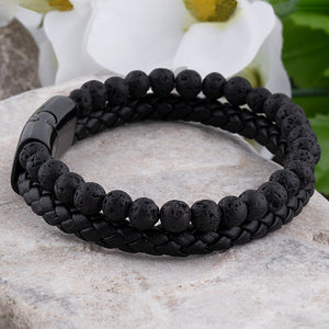 Men's Black Bracelet with Braided Leather, Round Lava Beads and a Stainless Steel Secure Magnetic Clasp, Ideal Gift for Boyfriend or Father