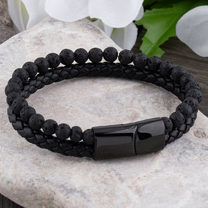 Men's Black Bracelet with Braided Leather, Round Lava Beads and a Stainless Steel Secure Magnetic Clasp, Ideal Gift for Boyfriend or Father