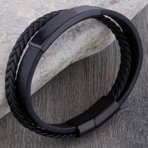 Men's Stainless Steel Black Leather Bracelet, Engravable - SSLB140