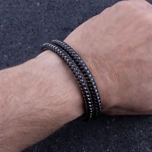 Men's Stainless Steel Black Leather Bracelet Hand-Braided Leather and Steel Wire With Steel Secure Slide Magnetic Clasp Lock