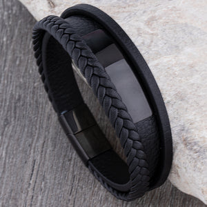 Men's Stainless Steel Black Leather Bracelet with Partial Hidden Engraving Plate - SSLB015