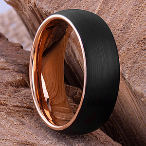 Tungsten Carbide Ring Style Wedding Band 8mm Wide, Black and Rose Gold IP Plated Brushed Finish