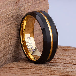 Black and Yellow Tungsten Band 8mm - TCR100 black and yellow gold men’s wedding or engagement band or promise ring