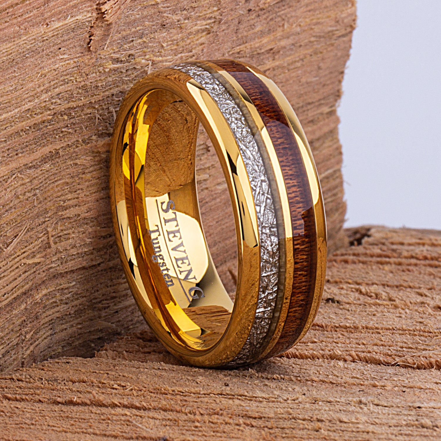 Yellow Tungsten Ring with Meteorite and Koa Wood 8mm - TCR102 wood and yellow gold men’s wedding or engagement band or promise ring