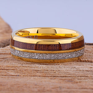 Yellow Tungsten Ring with Meteorite and Koa Wood 8mm - TCR102 wood and yellow gold men’s wedding or engagement band or promise ring