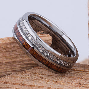 Tungsten Band with Koa Wood and Man Made Meteorite 8mm - TCR103 meteorite and wood engagement band or wedding ring or promise band