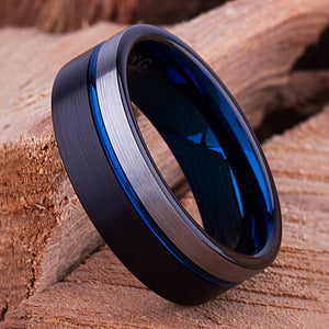 Black and Blue Tungsten Band 8mm - TCR106 black and blue men’s wedding or engagement band or promise ring for him
