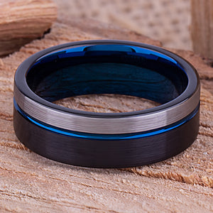 Black and Blue Tungsten Band 8mm - TCR106 black and blue men’s wedding or engagement band or promise ring for him