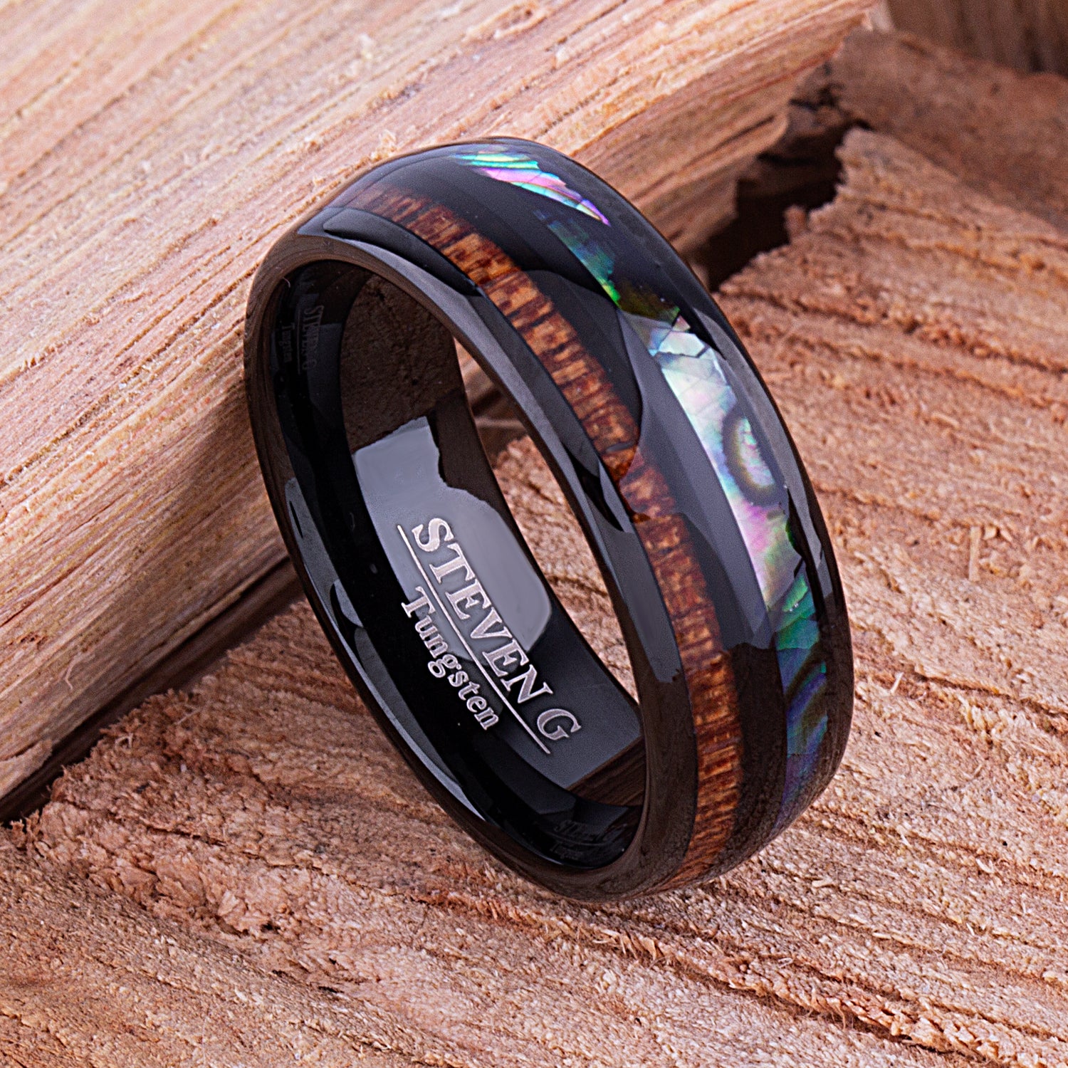 Black Tungsten Band with Koa Wood and Abalone Shell 8mm - TCR111 shell & wood engagement band or wedding ring or promise band