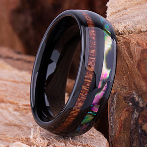 Black Tungsten Band with Koa Wood and Abalone Shell 8mm - TCR111 shell & wood engagement band or wedding ring or promise band