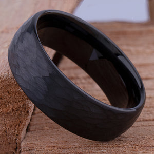 Tungsten Carbide Man's Wedding Ring or Engagement Band 8mm Wide Domed IP Black Plating Hammered and Brush Finish