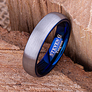 Blue Tungsten Unisex Ring 6mm - TCR116 blue men’s wedding or engagement band or promise ring for boyfriend