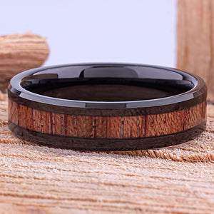 Black Tungsten Wedding Band or Engagement Ring 6mm Wide with Natural Padauk Wood Inlay