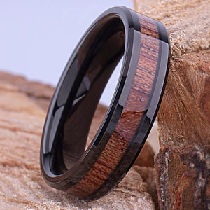 Black Tungsten Wedding Band or Engagement Ring 6mm Wide with Natural Padauk Wood Inlay