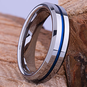 Tungsten Ring with Blue Center Channel 6mm - TCR140 blue men’s engagement or wedding ring or anniversary band for husband