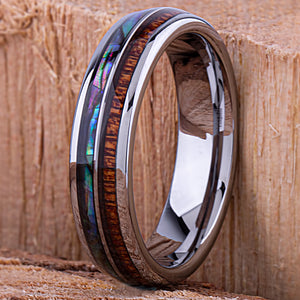 Tungsten Ring with Sapele Wood and Abalone Shell 6mm -  wood & shell men’s wedding or engagement band or anniversary ring