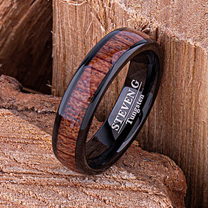 Tungsten Black Ring with Padauk Wood 6mm - black & wood men’s engagement or wedding ring or anniversary band for husband