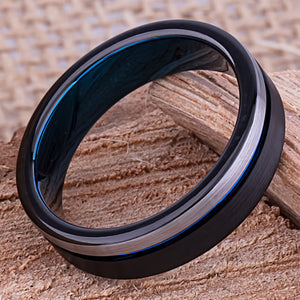 Tungsten Carbide Men's Wedding Band or Engagement Ring 6mm Wide Flat with Brush Finish and Midnight Black and Indigo Blue Plating